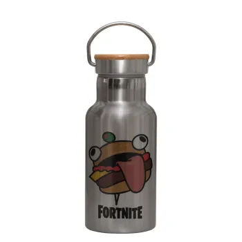 Fortnite Durr Burger, Μεταλλικό παγούρι θερμός (Stainless steel) Ασημένιο με ξύλινο καπακι (bamboo), διπλού τοιχώματος, 350ml