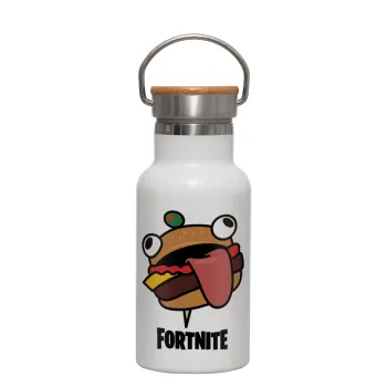 Fortnite Durr Burger, Metallic thermos (Stainless steel) White with wooden lid (bamboo), double-walled, 350ml