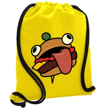 Fortnite Durr Burger, Τσάντα πλάτης πουγκί GYMBAG Κίτρινη, με τσέπη (40x48cm) & χονδρά κορδόνια