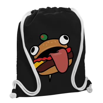 Fortnite Durr Burger, Τσάντα πλάτης πουγκί GYMBAG Μαύρη, με τσέπη (40x48cm) & χονδρά λευκά κορδόνια