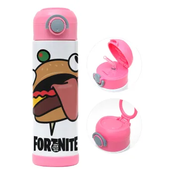 Fortnite Durr Burger, Children's hot water bottle, stainless steel, with safety straw, PINK (500ml)