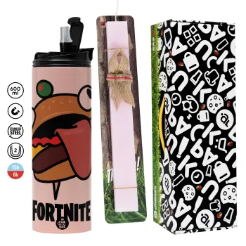Fortnite Durr Burger, Easter candle,Travel Tumbler 2 Lids, with metal straw & cleaning brush & aromatic flat candle (30cm) (PINK)