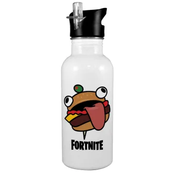 Fortnite Durr Burger, White water bottle with straw, stainless steel 600ml
