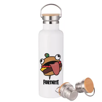 Fortnite Durr Burger, Μεταλλικό παγούρι θερμός (Stainless steel) Λευκό με ξύλινο καπάκι (bamboo), διπλού τοιχώματος, 750ml