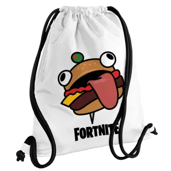 Fortnite Durr Burger, Τσάντα πλάτης πουγκί GYMBAG λευκή, με τσέπη (40x48cm) & χονδρά κορδόνια