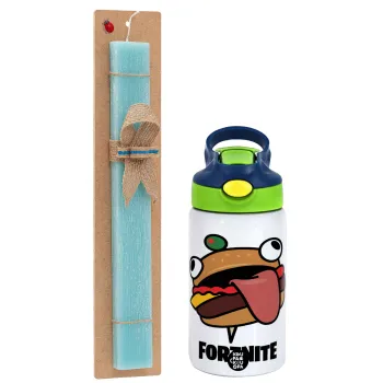 Fortnite Durr Burger, Easter Set, Children's thermal stainless steel bottle with safety straw, green/blue (350ml) & aromatic flat Easter candle (30cm) (TURQUOISE)