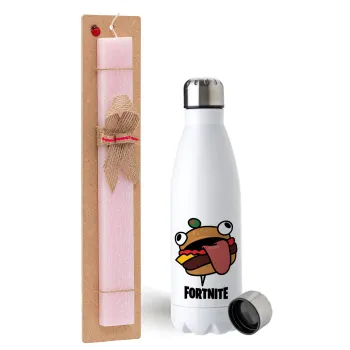 Fortnite Durr Burger, Easter Set, metallic stainless steel water bottle (750ml) & scented flat Easter candle (30cm) (PINK)