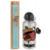 Easter Set, metallic silver aluminum water bottle (500ml) & scented flat Easter candle (30cm) (TURQUOISE)
