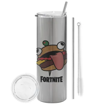 Fortnite Durr Burger, Tumbler stainless steel Silver 600ml, with metal straw & cleaning brush