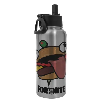 Fortnite Durr Burger, Metal mug thermo Silver with Straw and Spout Lid (Stainless steel), double wall, 950ml