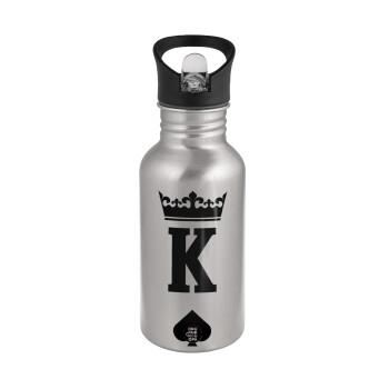 King, Water bottle Silver with straw, stainless steel 500ml
