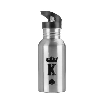 King, Water bottle Silver with straw, stainless steel 600ml