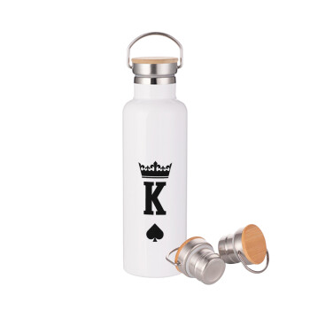 King, Μεταλλικό παγούρι θερμός (Stainless steel) Λευκό με ξύλινο καπάκι (bamboo), διπλού τοιχώματος, 750ml