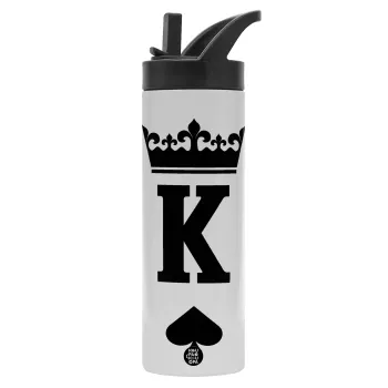 King, Metallic thermos bottle with straw & handle, stainless steel (Stainless steel 304), double-walled, 600ml.
