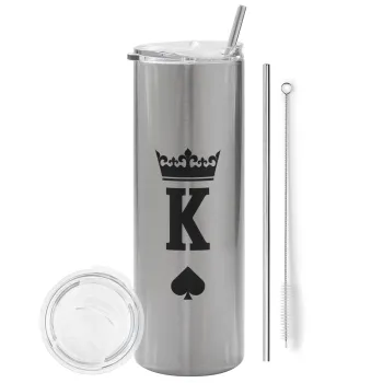 King, Tumbler stainless steel Silver 600ml, with metal straw & cleaning brush