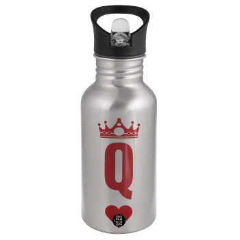 Queen, Water bottle Silver with straw, stainless steel 500ml