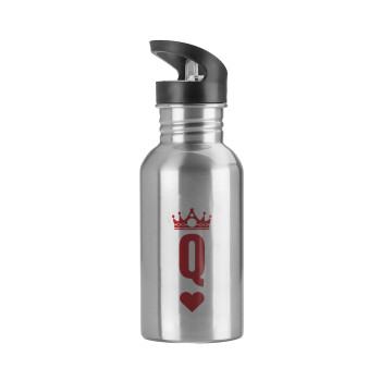 Queen, Water bottle Silver with straw, stainless steel 600ml