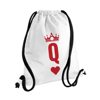 Queen, Τσάντα πλάτης πουγκί GYMBAG λευκή, με τσέπη (40x48cm) & χονδρά κορδόνια