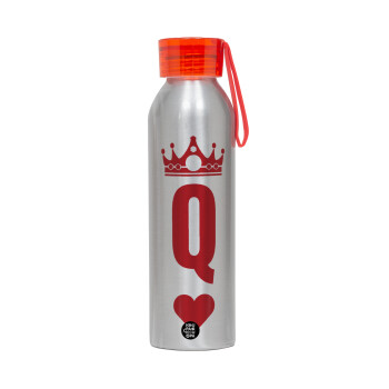 Queen, Aluminum Sports Bottle 650ml – Silver with Red Cap and Silicone Strap