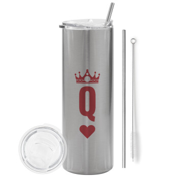 Queen, Eco friendly ποτήρι θερμό Ασημένιο (tumbler) από ανοξείδωτο ατσάλι 600ml, με μεταλλικό καλαμάκι & βούρτσα καθαρισμού
