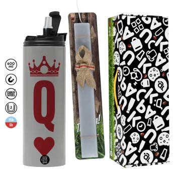 Queen, Πασχαλινή Λαμπάδα με Travel Tumbler θερμό (600ml, BPA free) & κερί αρωματικό πλακέ (30cm) (ΓΚΡΙ)
