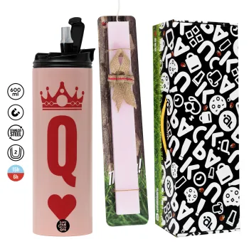 Queen, Πασχαλινή Λαμπάδα με  ΡΟΖ Travel Tumbler θερμό (600ml, BPA free) & κερί αρωματικό πλακέ (30cm) (ΡΟΖ)