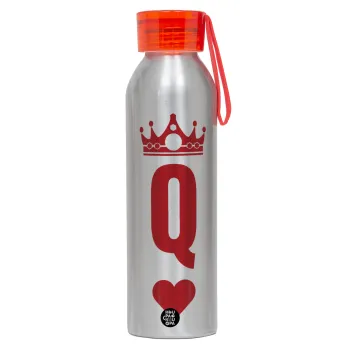 Queen, Αλουμινένιο Αθλητικό Μπουκάλι 650ml – Ασημί με Κόκκινο Καπάκι και Λουράκι Σιλικόνης