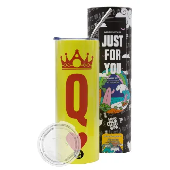 Queen, Neon Yellow Travel Tumbler θερμό, μεταλλικό καλαμάκι(Ανωξείδωτο 304 Food grade, BPA free, 600ml)