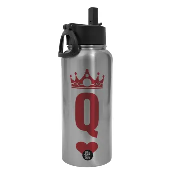 Queen, Metal mug thermo Silver with Straw and Spout Lid (Stainless steel), double wall, 950ml