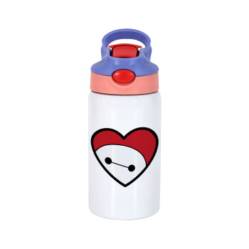 Baymax heart, Children's hot water bottle, stainless steel, with safety straw, pink/purple (350ml)