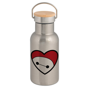 Baymax heart, Stainless steel metallic thermos flask, silver with a bamboo lid, double-walled, 350ml.