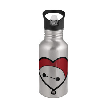 Baymax heart, Water bottle Silver with straw, stainless steel 500ml