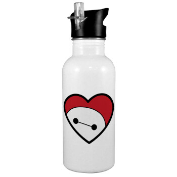 Baymax heart, White water bottle with straw, stainless steel 600ml