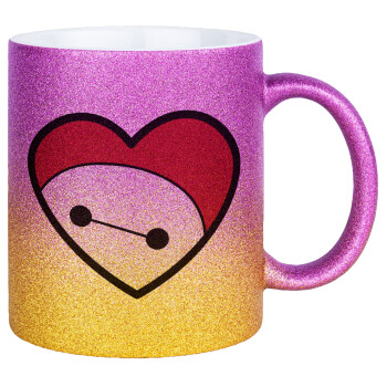 Baymax heart, Κούπα Χρυσή/Ροζ Glitter, κεραμική, 330ml