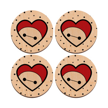 Baymax heart, ΣΕΤ x4 Σουβέρ ξύλινα στρογγυλά plywood (9cm)