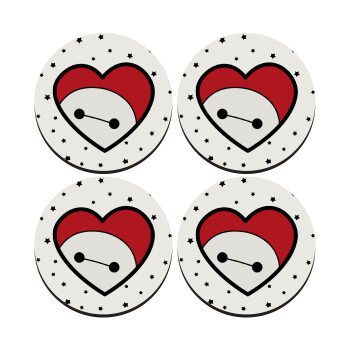 Baymax heart, SET of 4 round wooden coasters (9cm)