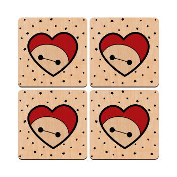 Baymax heart, ΣΕΤ x4 Σουβέρ ξύλινα τετράγωνα plywood (9cm)