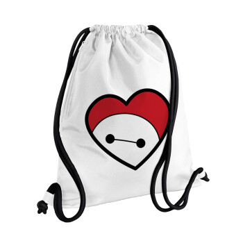 Baymax heart, Τσάντα πλάτης πουγκί GYMBAG λευκή, με τσέπη (40x48cm) & χονδρά κορδόνια