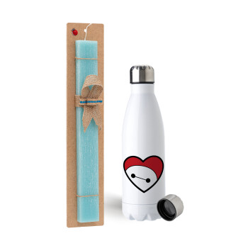 Baymax heart, Πασχαλινή Λαμπάδα με μεταλλικό παγούρι ανοξείδωτο (750ml) & κερί αρωματικό πλακέ (30cm) (ΤΙΡΚΟΥΑΖ)