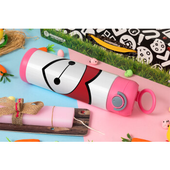 Baymax heart, Easter candle, Childrens hot water bottle, stainless steel, with safety straw, PINK (500ml)