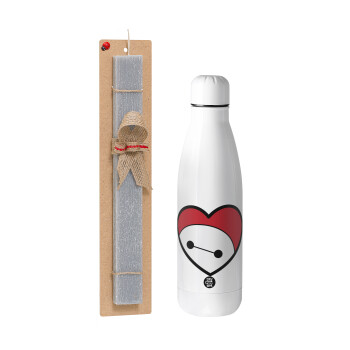 Baymax heart, Easter Set, metallic stainless thermos bottle (500ml) & scented flat Easter candle (30cm) (GRAY)
