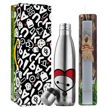 Baymax heart, Easter Set, metallic stainless thermos flask (500ml) & scented flat Easter candle (30cm) (GRAY)