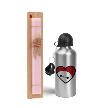 Baymax heart, Easter Set, metallic Silver aluminum water bottle (500ml) & scented flat Easter candle (30cm) (PINK)