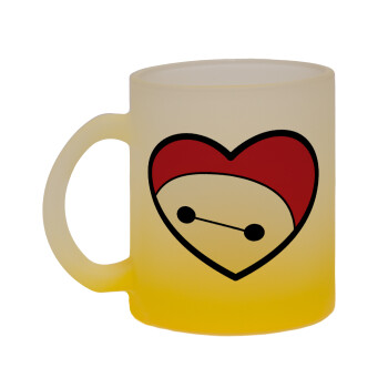 Baymax heart, Κούπα γυάλινη δίχρωμη με βάση το κίτρινο ματ, 330ml