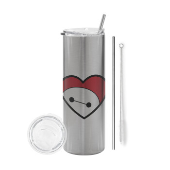 Baymax heart, Eco friendly stainless steel Silver tumbler 600ml, with metal straw & cleaning brush