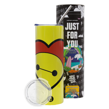 Baymax heart, Neon Yellow Travel Tumbler, with metal straw (Stainless steel 304 Food grade, BPA free, 600ml)