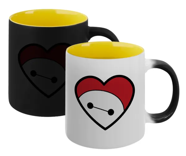 Baymax heart — Κούπα Μαγική εσωτερικό κίτρινη, κεραμική 330ml που αλλάζει χρώμα με το ζεστό ρόφημα
