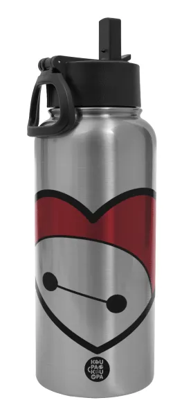 Baymax heart — Μεταλλικό παγούρι θερμός Silver με καλαμάκι και χερούλι (Stainless steel), διπλού τοιχώματος, 950ml