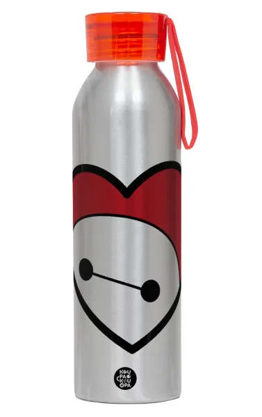 Baymax heart — Αλουμινένιο Αθλητικό Μπουκάλι 650ml – Ασημί με Κόκκινο Καπάκι και Λουράκι Σιλικόνης