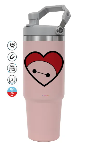 Baymax heart — ΡΟΖ Travel Tumbler Θερμός με χερούλι και καλαμάκι 890ml